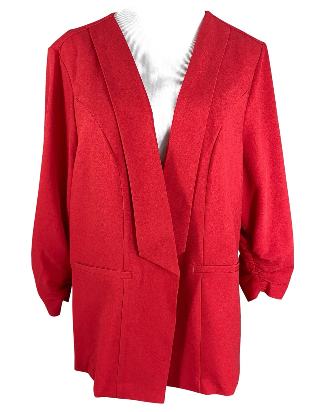 Torrid Womens Open Front Blazer Plus Size 3 US 3X Red Crepe Ruched Sleeve Office